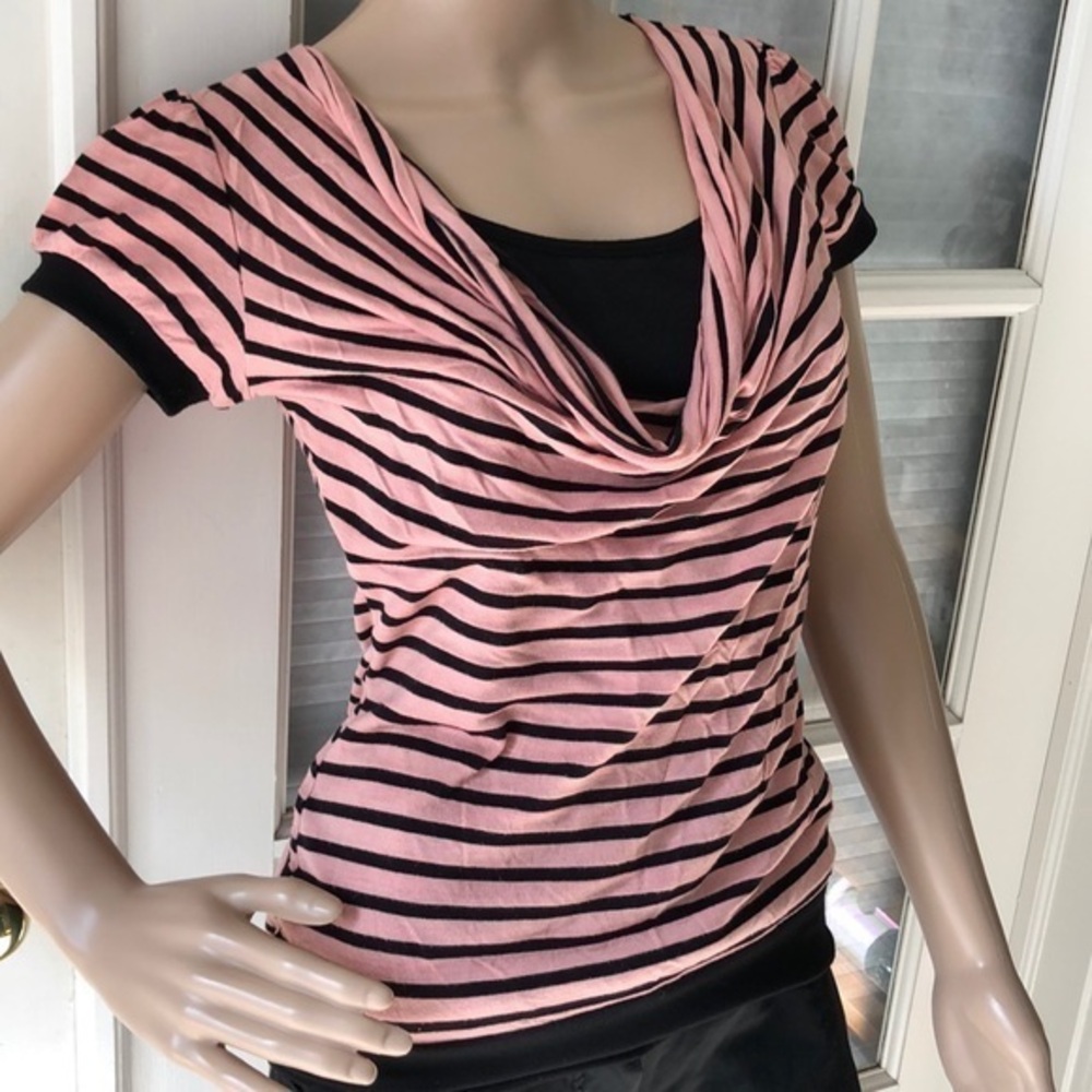 Papaya cute vintage pink/blk stripe cowl neck tee